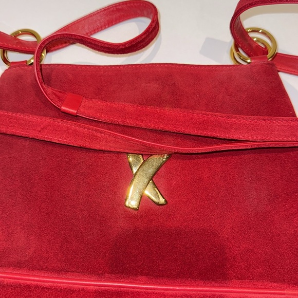 Paloma Picasso Red Suede Handbag Double Shoulder Strap Versatile - Picture 11 of 11